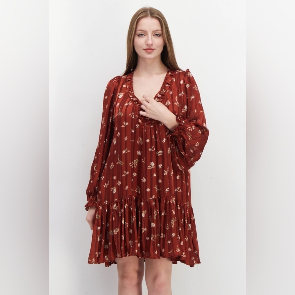En Saison Long Sleeve Floral Printed Drop Waist Mini Dress Bump Friendly - Picture 2 of 6